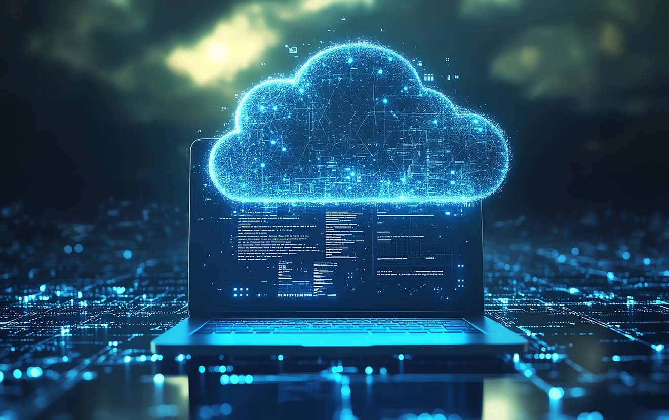 Cloud Computing Concept With A Laptop Transmitting Data To A Clo
